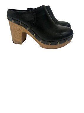 Kork-Ease Sudbury Black Leather Clogs 7 Wooden Block Heels Studded Slip-On Mules